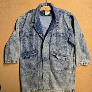 Vintage 1980s Acid Wash Long Denim Jacket Size L Jean Urban Equipment Duster